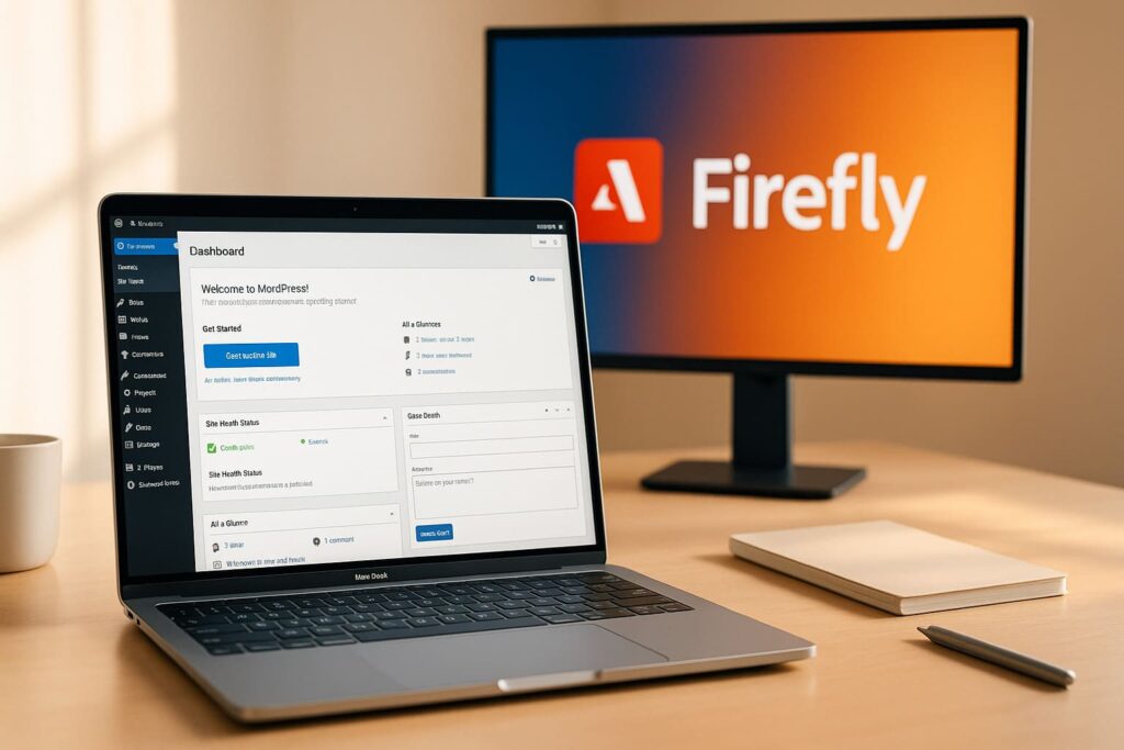 Tutorial-Hero zeigt Laptop mit WordPress Dashboard und Adobe Firefly Interface für Bildintegration auf modernem Schreibtisch