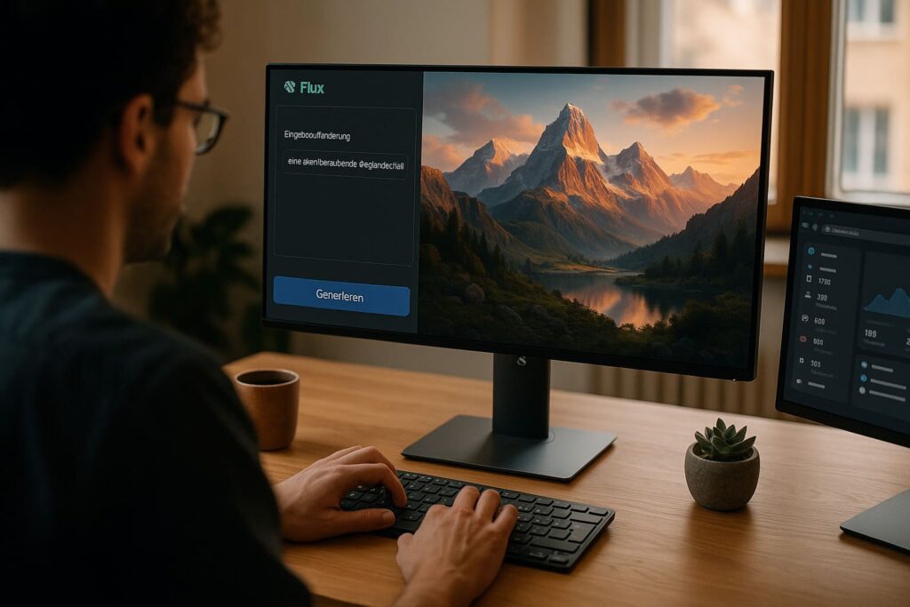flux-ai-bildgenerator-desktop-workflow-kostenlos-nutzen Professioneller Arbeitsplatz mit Flux AI Bildgenerator am Computer - kostenlose KI-Bildgenerierung im Browser Workflow