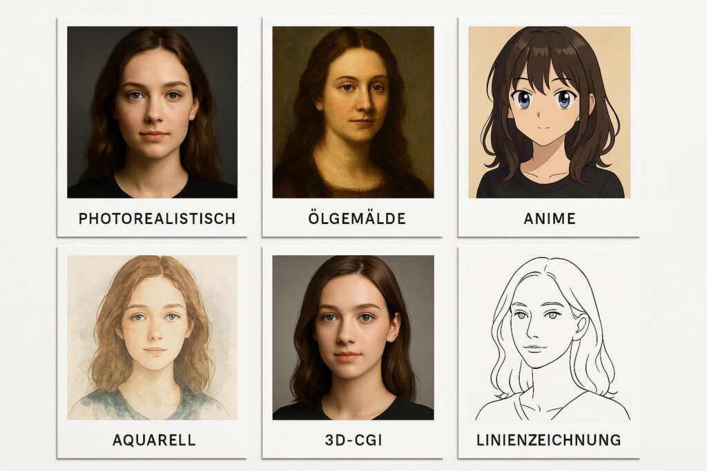 flux-bildgenerator-verschiedene-stile-kunstrichtungen-beispiele Flux KI-Bildgenerator Stilvielfalt - Vergleich verschiedener Kunststile von fotorealistisch bis Anime und Aquarell