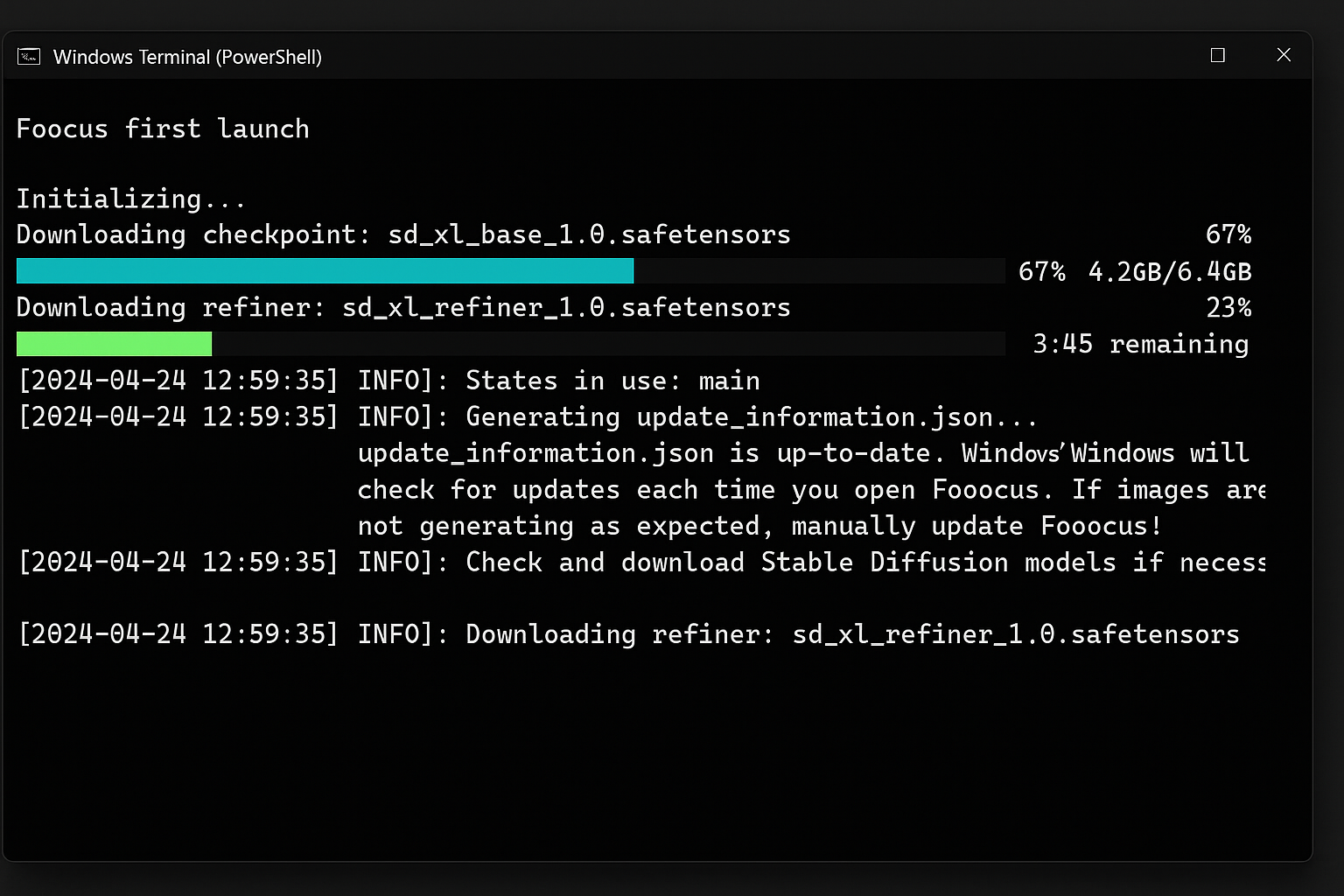 fooocus-erster-start-model-download-stable-diffusion-xl-windows Fooocus installieren Windows Anleitung - Windows Terminal zeigt Fooocus ersten Start mit Download-Fortschritt für Stable Diffusion XL Models und Installation