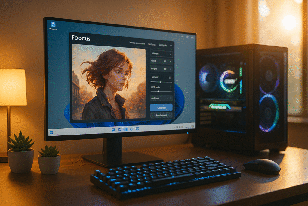 Moderner Windows PC Arbeitsplatz mit Fooocus KI-Bildgenerator auf Monitor, NVIDIA RTX Grafikkarte sichtbar
