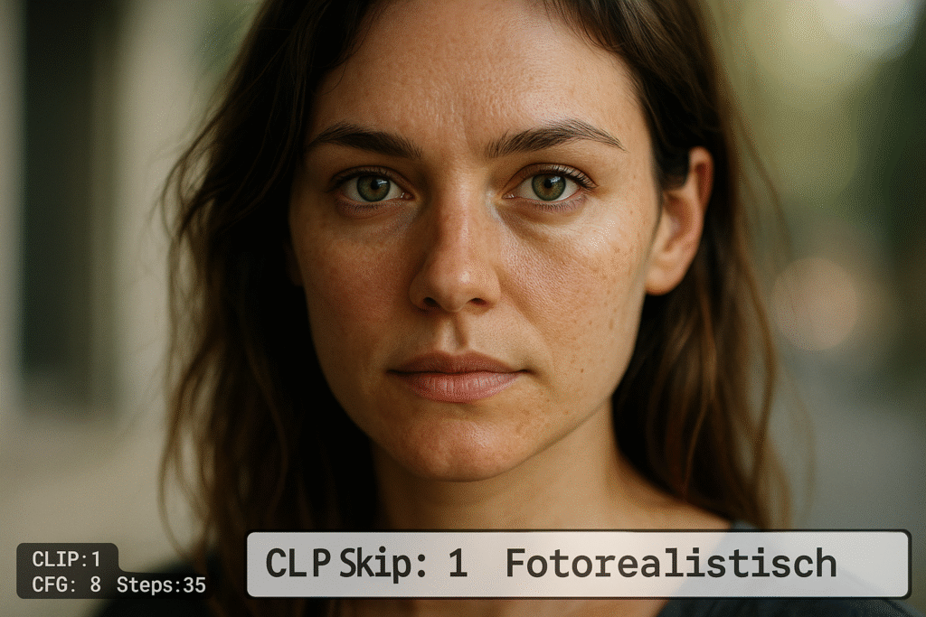 fotorealismus-clip-skip-1-portrait-hautdetails Fotorealistisches Portrait mit CLIP Skip 1 zeigt perfekte Hautdetails Poren und natürliche Textur Stable Diffusion