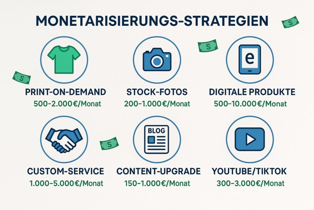geld-verdienen-chatgpt-bilder-monetarisierung-strategien Infografik zeigt 6 Monetarisierungs-Strategien für ChatGPT Bilder: Print-on-Demand, Stock-Fotos, Custom-Service, digitale Produkte mit Einkommenspotenzial