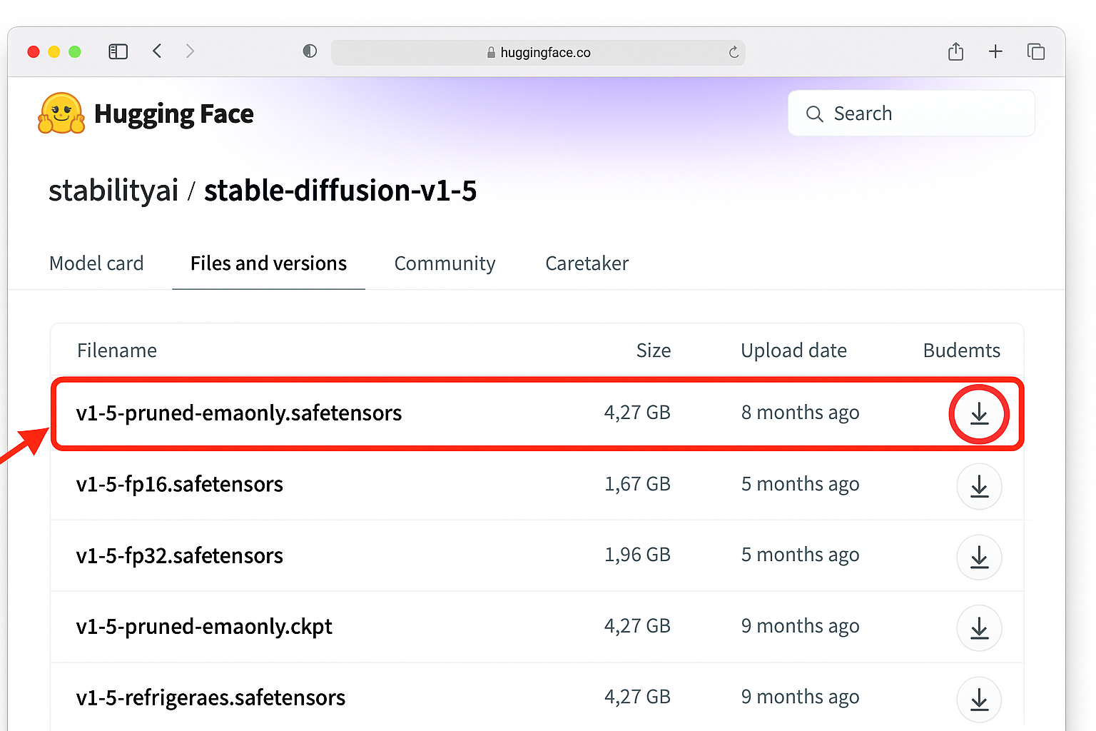 huggingface-stable-diffusion-model-download-safetensors-tutorial
HuggingFace Repository zeigt Stable Diffusion v1.5 Model Download mit safetensors Datei und Download Button für Installation