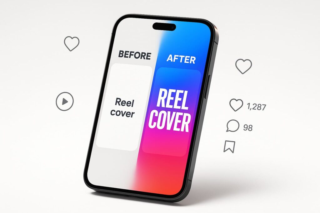 Smartphone zeigt Instagram Reel Cover Vorher-Nachher-Vergleich mit professionellem KI-Design in leuchtenden Farben