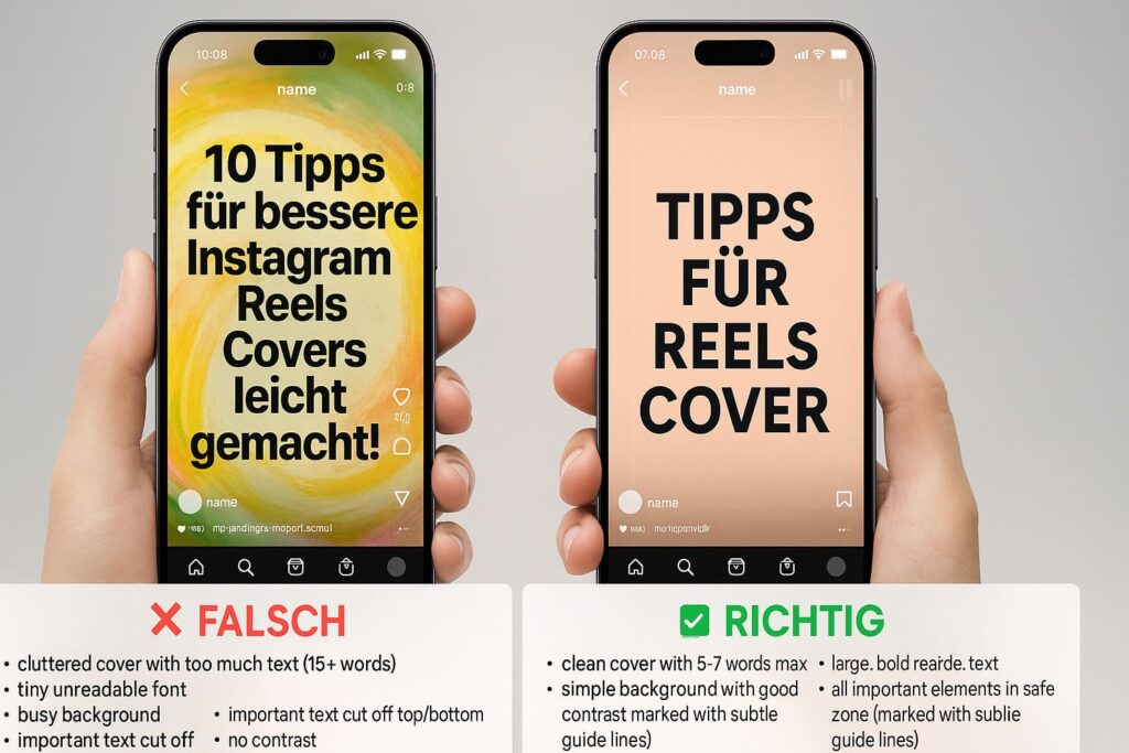 instagram-reel-cover-mobile-ansicht-richtig-falsch-vergleich Instagram Reel Cover mit KI erstellen - Do's und Don'ts für Instagram Reel Cover zeigt richtiges und falsches Design im Mobile-Vergleich mit iPhone Mockups