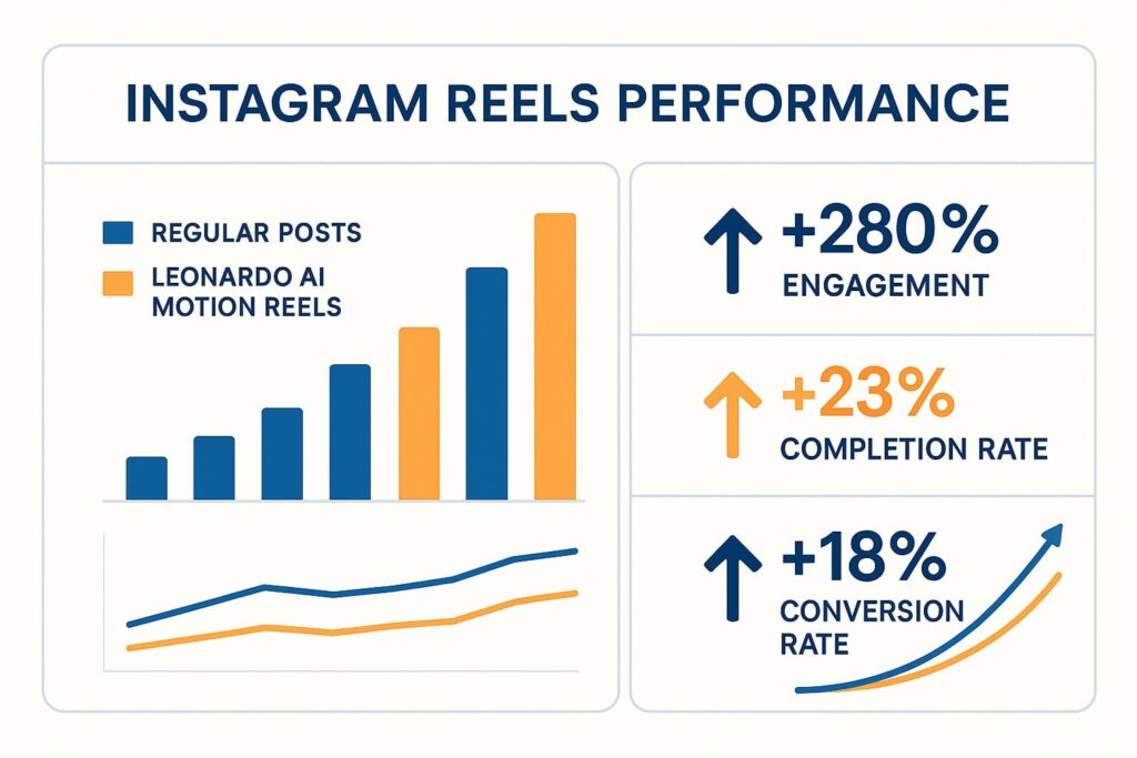 instagram-reels-engagement-statistiken-leonardo-ai-motion-erfolg Dashboard mit Instagram Engagement-Statistiken zeigt Wachstum durch Leonardo AI Motion Reels mit prozentualer Steigerung und Vergleichsdaten