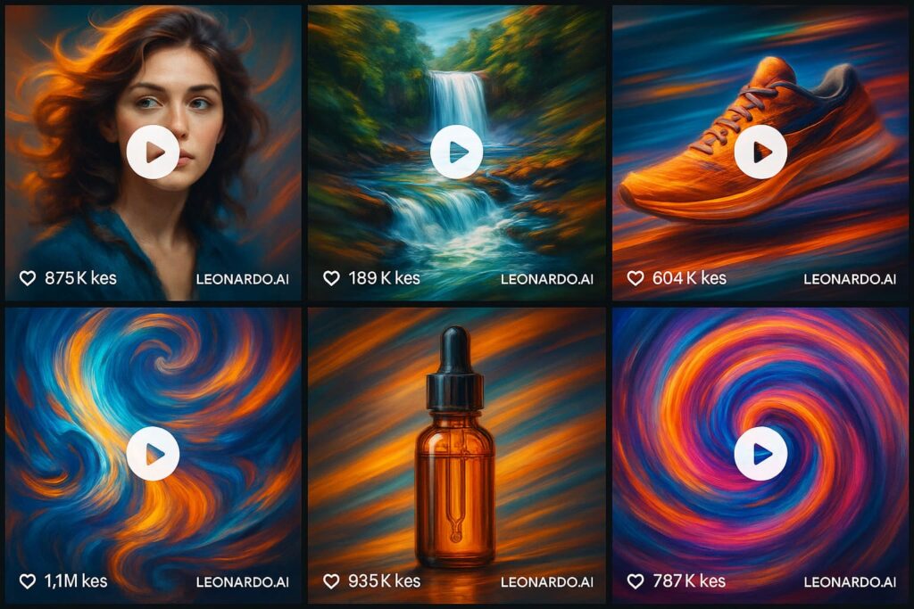 instagram-reels-leonardo-ai-motion-beispiele-collage-animation Collage von 6 Instagram Reels Beispielen erstellt mit Leonardo AI Motion zeigt verschiedene Animationsstile und Engagement-Metriken