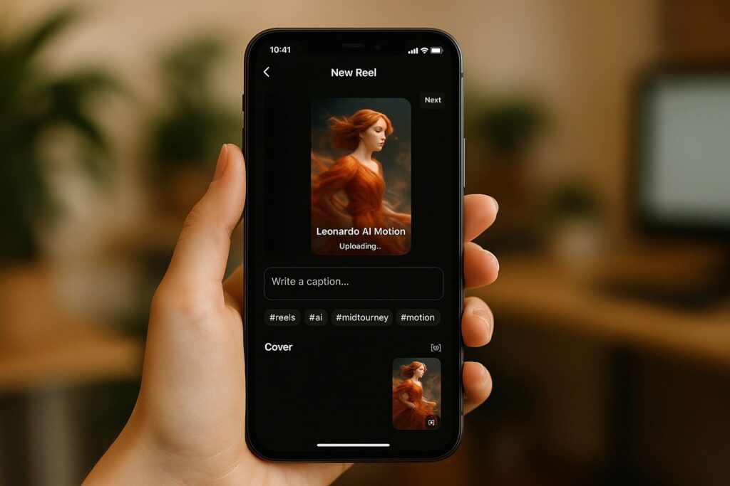 instagram-reels-upload-smartphone-leonardo-ai-video-mobile Smartphone zeigt Instagram Reels Upload-Bildschirm mit Leonardo AI Motion Video und Hashtag-Eingabe für mobile Content-Erstellung