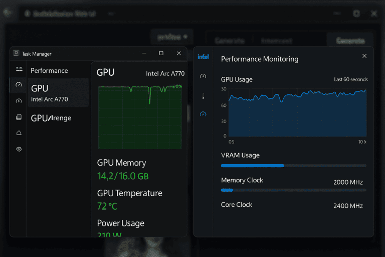 intel-arc-a770-gpu-auslastung-task-manager-stable-diffusion-performance Task Manager Screenshot mit Intel Arc A770 GPU-Auslastung während Stable Diffusion Bildgenerierung - 95% Performance