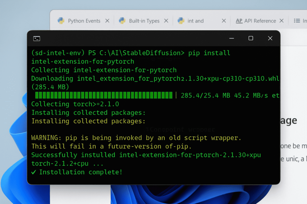 intel-extension-pytorch-installation-terminal-output-stable-diffusion Terminal-Screenshot der Intel Extension for PyTorch Installation mit pip für Stable Diffusion auf Intel Arc GPU