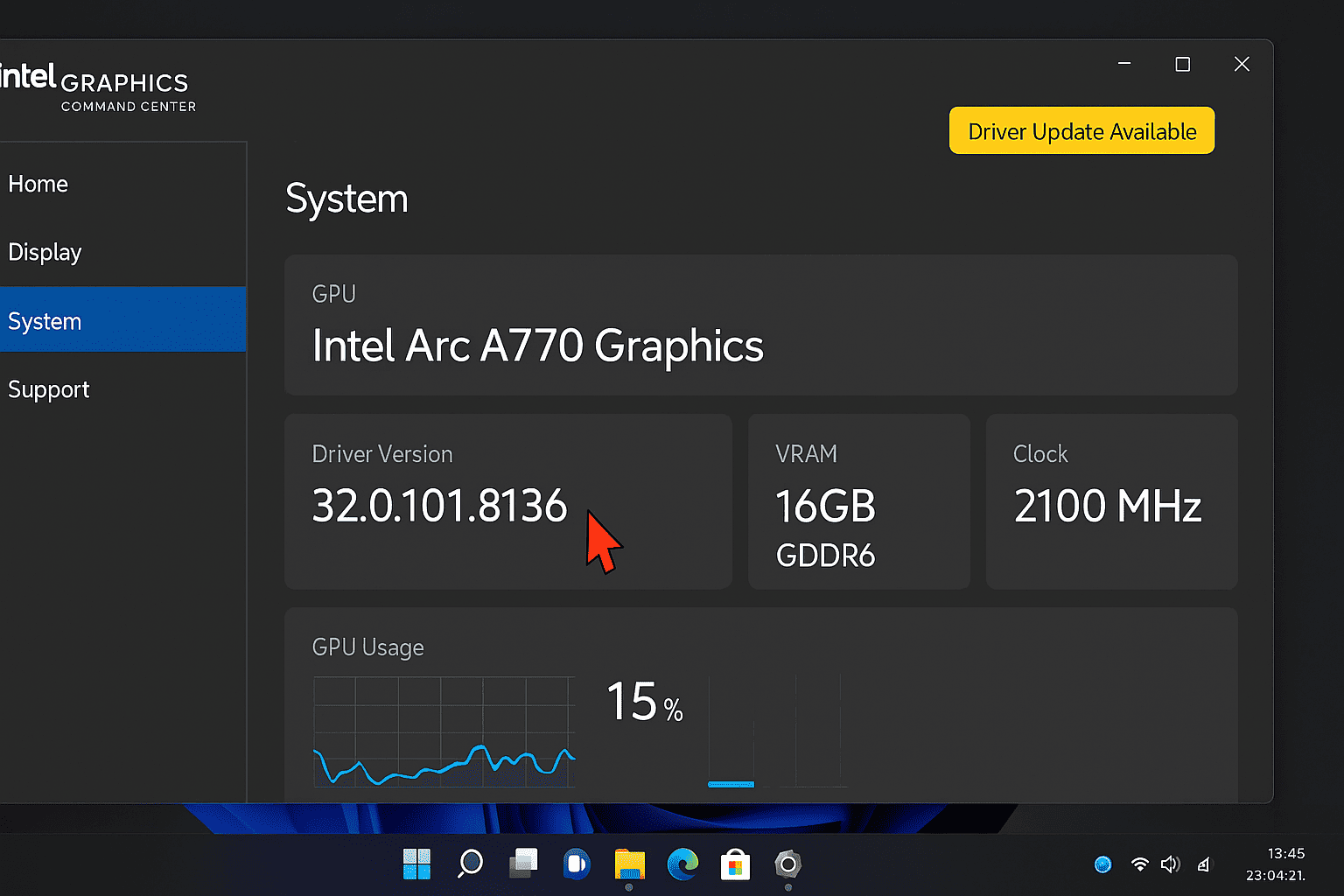 intel-graphics-command-center-treiber-version-arc-a770-screenshot Intel Graphics Command Center Screenshot mit Arc A770 Treiberversion und GPU-Informationen für Stable Diffusion Setup