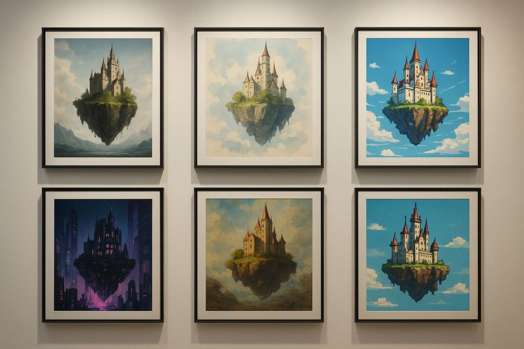 ki-art-stile-galerie-vergleich-showcase Galerie zeigt 6 verschiedene Kunststile desselben Motivs generiert mit Bing Image Creator Prompts
