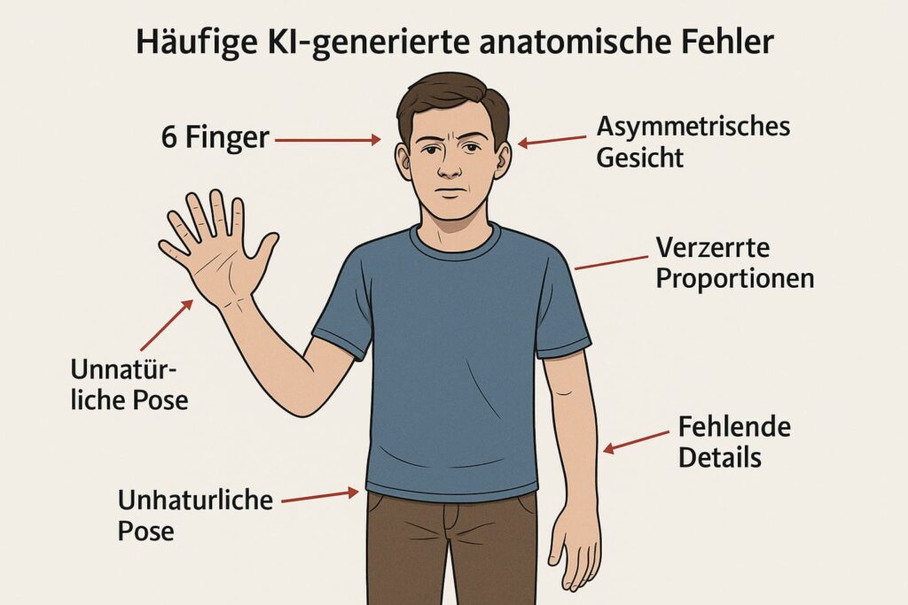 ki-bilder-anatomische-fehler-beispiele-infografik Infografik mit typischen anatomischen KI-Fehlern: Sechs Finger, verzerrtes Gesicht, falsche Proportionen