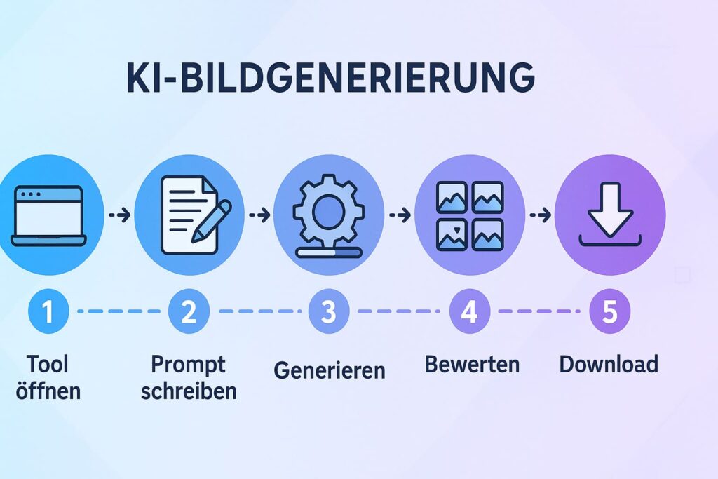 ki-bilder-erstellen-5-schritte-anleitung-prozess-infografik 5-Schritte-Anleitung zum Erstellen von KI Bildern kostenlos - vom Prompt bis zum Download visualisiert