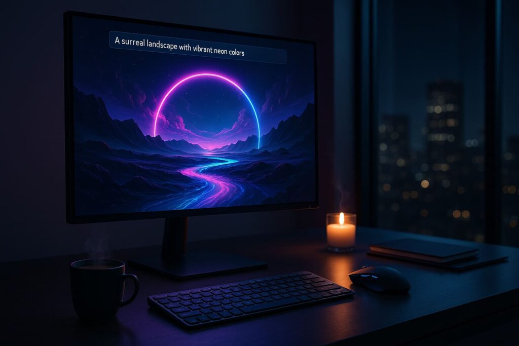 Moderner Desktop-Arbeitsplatz mit KI Bildgenerator auf Monitor - kostenlose Bildgenerierung ohne Anmeldung