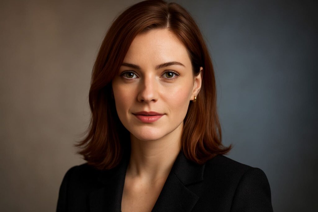 Fotorealistisches KI-generiertes Portrait einer Frau mit professioneller Studio-Beleuchtung, erstellt mit KI-Prompt-Techniken für natürliche Gesichtszüge