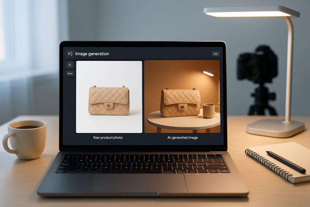 KI Produktfotos erstellen am modernen Arbeitsplatz – Laptop zeigt Produktfotografie Software mit automatischer Bildgenerierung für E-Commerce