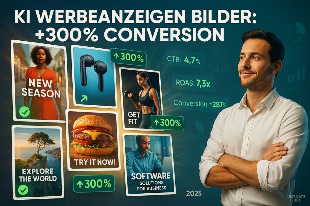 KI-generierte Werbeanzeigen-Collage mit Performance-Metriken und erfolgreicher Marketing-Professional zeigt 300% Conversion-Steigerung
