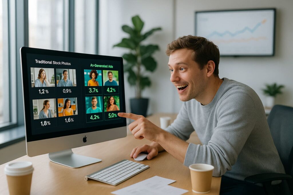 ki-werbeanzeigen-bilder-performance-steigerung-marketing-buero Marketing-Profi analysiert KI-generierte Werbeanzeigen auf Computer-Bildschirm mit steigenden Conversion-Rate-Statistiken in modernem Büro