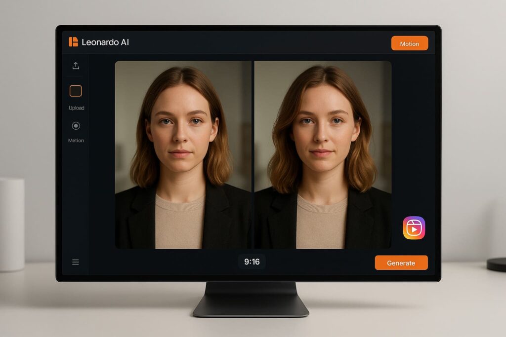 Leonardo AI Motion Interface mit Instagram Reels Animation Beispiel und Benutzeroberfläche für KI-Video-Erstellung