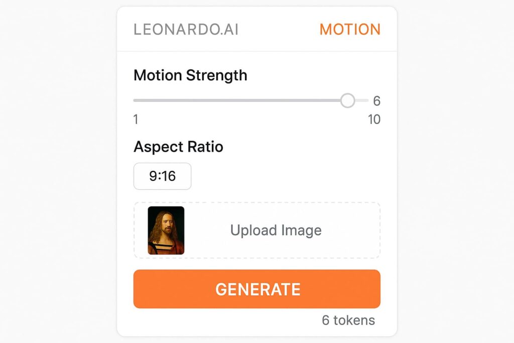 leonardo-ai-motion-strength-einstellungen-instagram-tutorial Leonardo AI Motion Strength Einstellungen Panel mit Schieberegler und Generate Button für Instagram Reels Animationen