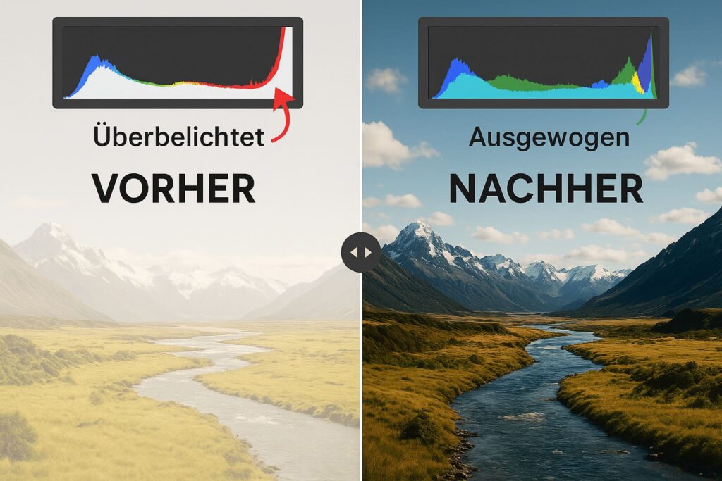 lightroom-histogramm-vorher-nachher-ki-bild-belichtung-korrektur Canva KI Bilder in Lightroom bearbeiten - Lightroom Histogramm Vorher-Nachher Vergleich zeigt Belichtungskorrektur bei KI-generiertem Landschaftsbild