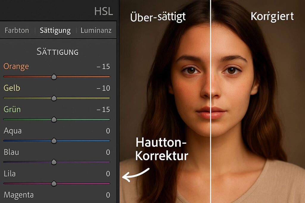 lightroom-hsl-panel-farbkorrektur-hauttoene-ki-portrait-anpassung Lightroom HSL-Panel zeigt Farbsättigung-Reduktion für natürliche Hauttöne in KI-generiertem Portrait-Bild