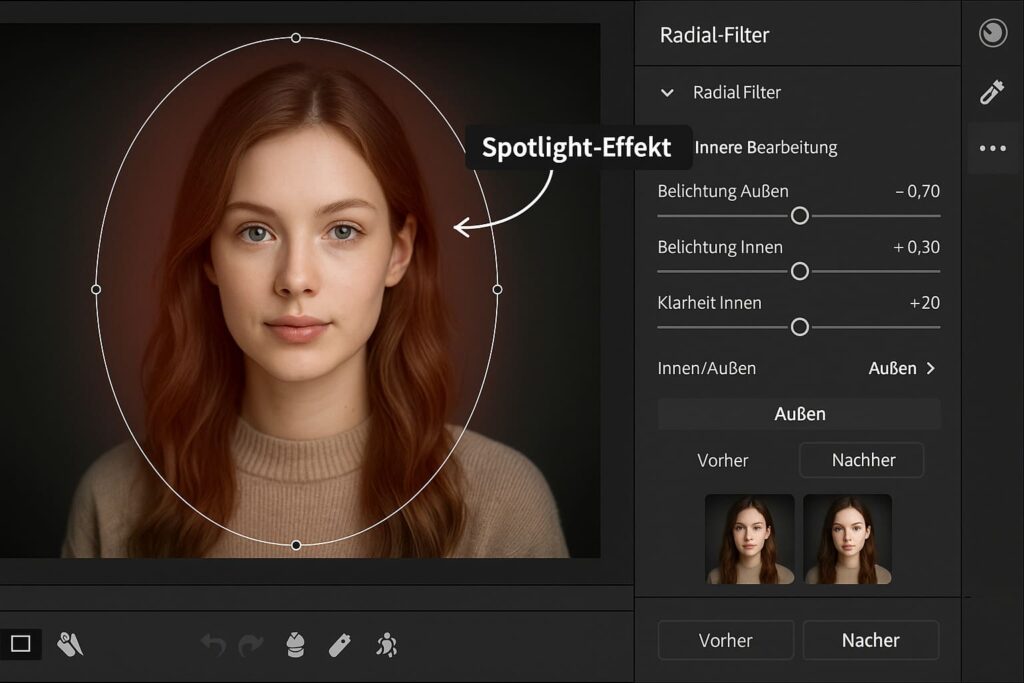 lightroom-radial-filter-lokale-anpassung-vignette-ki-portrait-tutorial Lightroom Radial-Filter erstellt Vignetten-Effekt für Spotlight-Betonung bei KI-generiertem Portrait