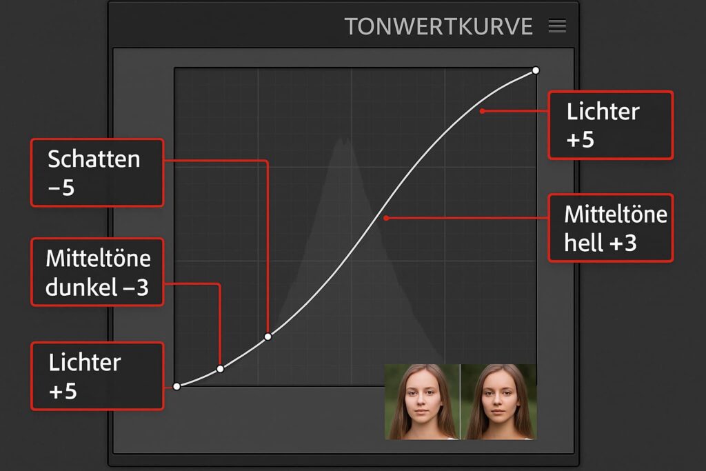 lightroom-tonwertkurve-s-kurve-kontrast-anleitung-ki-bild-bearbeitung Canva KI Bilder in Lightroom bearbeiten - Lightroom Tonwertkurve mit S-Kurve Kontrollpunkten für erhöhten Kontrast bei KI-Bildbearbeitung erklärt