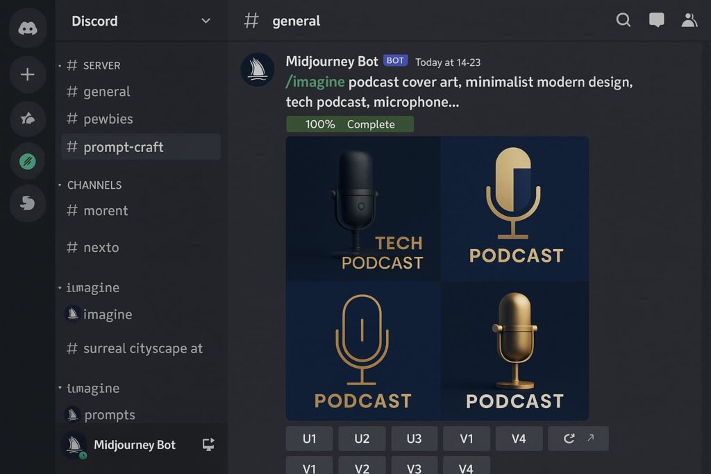 midjourney-discord-bot-podcast-cover-generierung-prompts Podcast Cover mit KI - Discord Midjourney Bot generiert 4 Podcast Cover Varianten aus Text-Prompt, Interface mit Buttons