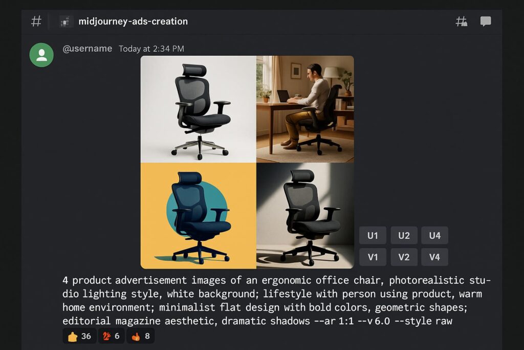 midjourney-interface-ki-werbung-prompt-beispiel-mehrere-varianten KI Werbeanzeigen Bilder - Midjourney Discord Interface zeigt vier KI-generierte Werbebild-Varianten mit sichtbarem Prompt-Text und Bearbeitungsoptionen