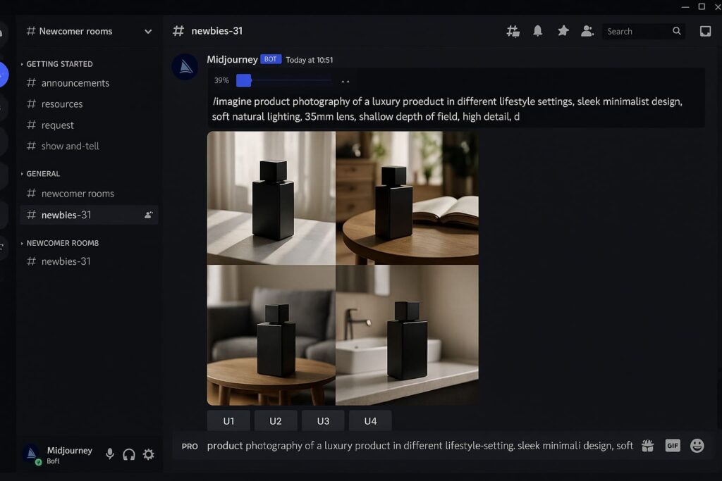 midjourney-produktfotografie-interface-discord-ki-bildgenerierung-workflow Midjourney Interface Screenshot – Discord Bot generiert KI Produktfotos mit professionellem Prompt für E-Commerce Anwendung