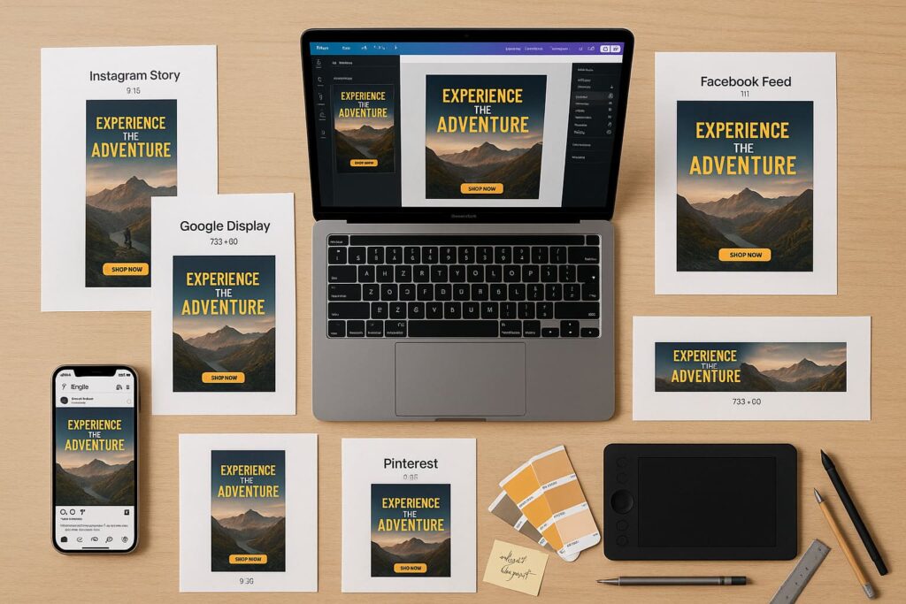 multi-platform-ki-werbung-social-media-formate-syndication-workflow Draufsicht auf Designer-Arbeitsplatz mit KI-Werbeanzeige adaptiert für verschiedene Social-Media-Plattformen und Formate