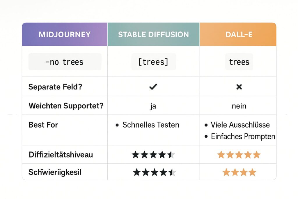 negative-prompts-plattform-vergleich-midjourney-stable-diffusion-dalle Vergleichstabelle: Negative Prompt Syntax und Features bei Midjourney, Stable Diffusion und DALL-E im Überblick