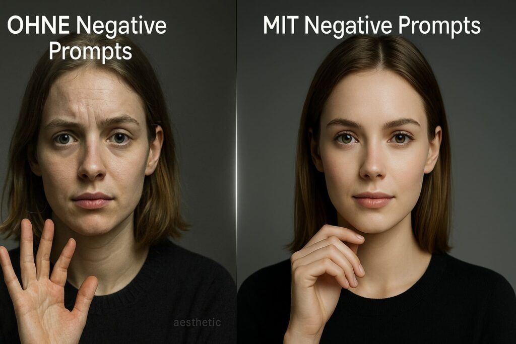 Vorher-Nachher-Vergleich: KI-Bild mit typischen Fehlern vs. fehlerfreies Ergebnis durch Negative Prompts