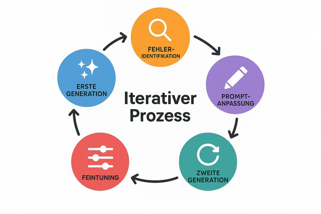 negative-prompts-workflow-iterativer-prozess-diagramm Workflow-Diagramm: 5-Schritte-Prozess zur iterativen Verfeinerung von Negative Prompts für bessere KI-Bilder