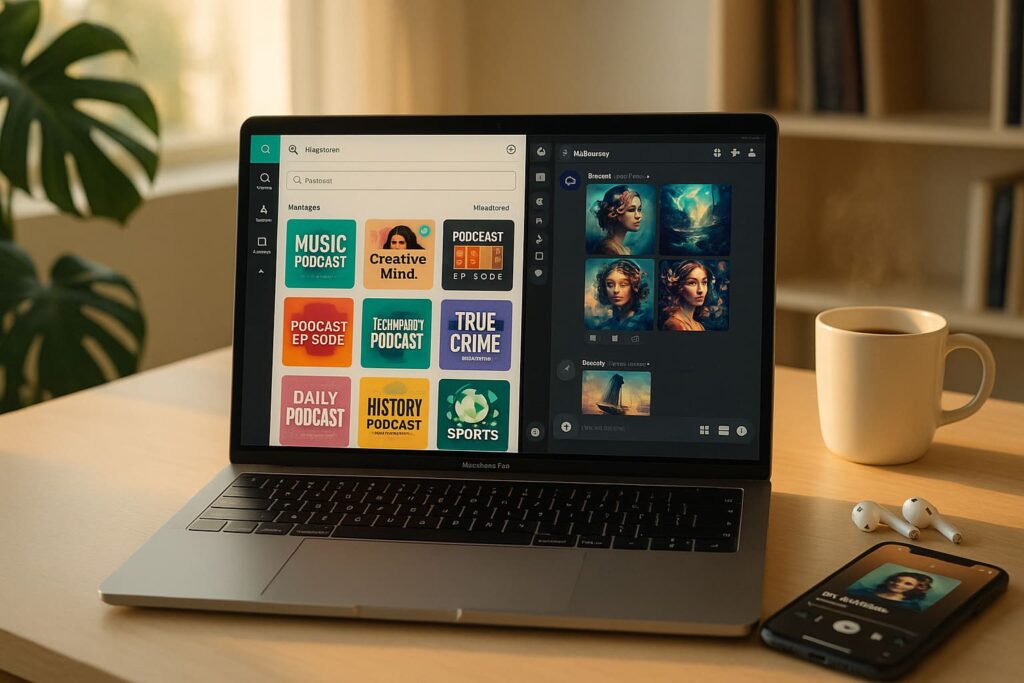 Laptop zeigt Canva und Midjourney für Podcast Cover Design, moderner Arbeitsplatz mit Smartphone und Kaffee