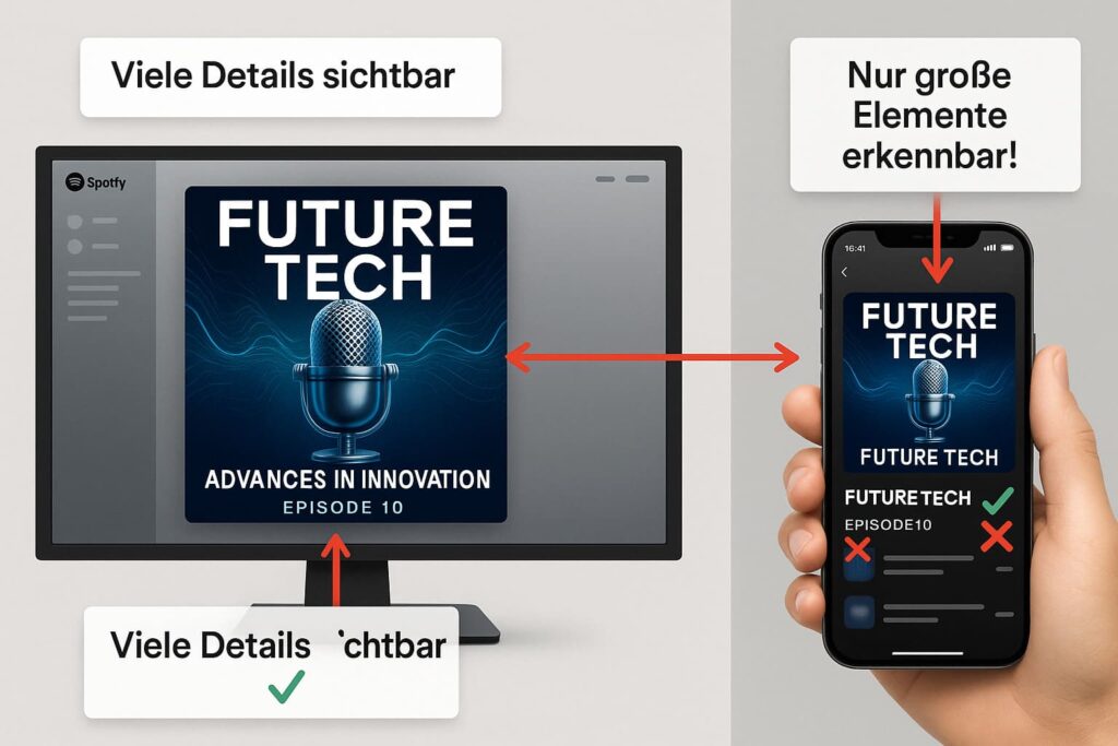 podcast-cover-mobile-desktop-vergleich-lesbarkeit-optimierung Podcast Cover mit KI - Vergleich Podcast Cover auf Desktop Monitor und Smartphone zeigt wichtige Lesbarkeit-Unterschiede