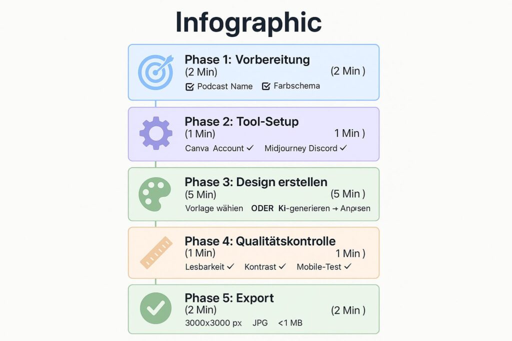 podcast-cover-workflow-5-phasen-infografik-10-minuten Infografik zeigt 5-Phasen-Workflow für Podcast Cover Erstellung in 10 Minuten mit Zeitangaben