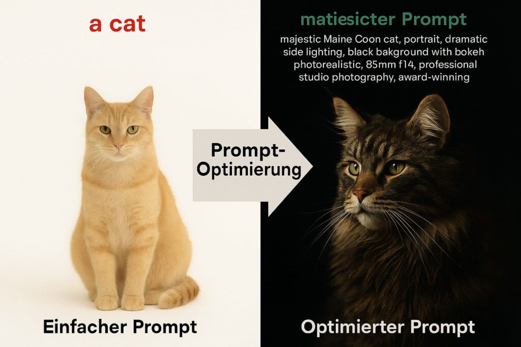 prompt-optimierung-vergleich-einfach-vs-detailliert-ki-bild-qualitaet Vergleich einfacher vs optimierter Prompt bei KI Bildgenerierung - Qualitätsunterschied durch detaillierte Beschreibung