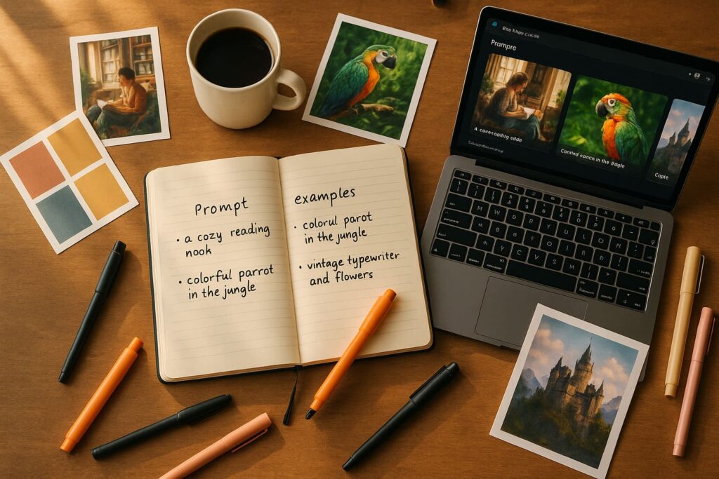 prompt-workspace-tools-kreative-arbeitsplatz Kreativer Arbeitsplatz mit Notizbuch voller Bing Image Creator Prompt-Beispiele und Referenzmaterial
