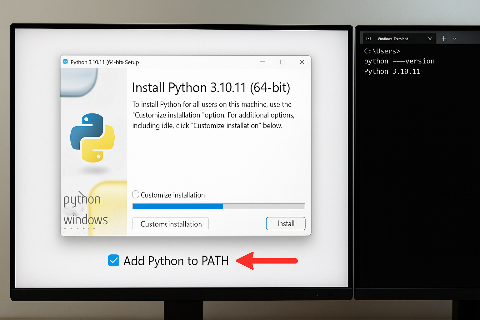 python-installation-windows-path-checkbox-fooocus-vorbereitung Python 3.10 Installationsfenster Windows mit hervorgehobenem "Add Python to PATH" Checkbox für Fooocus Setup