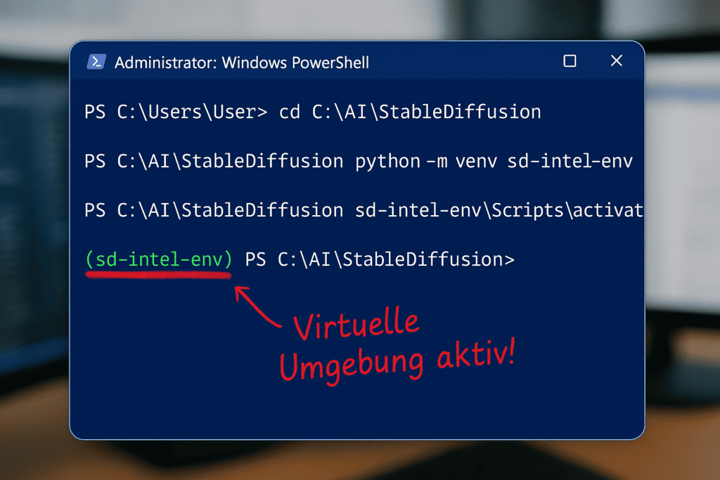 python-virtual-environment-aktiviert-powershell-stable-diffusion-intel PowerShell Screenshot mit aktivierter Python Virtual Environment für Stable Diffusion Intel Arc Installation