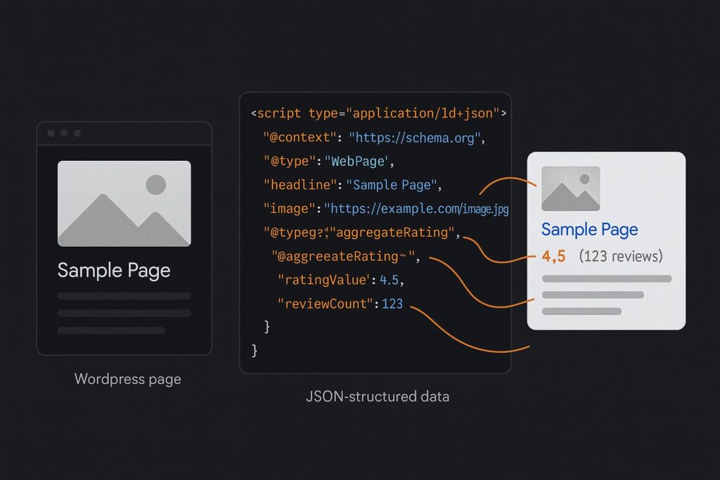 schema-org-markup-json-ld-wordpress-bilder-seo-rich-snippets Firefly Bilder in WordPress einfügen - Technisches Diagramm zeigt Schema.org JSON-LD Markup für WordPress-Bilder mit Verbindung zu Google Rich Snippet