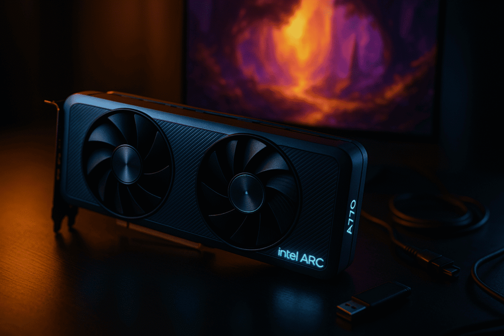 Intel Arc A770 Grafikkarte mit Stable Diffusion KI-Artwork auf Monitor - Installation Guide für KI-Bildgenerierung