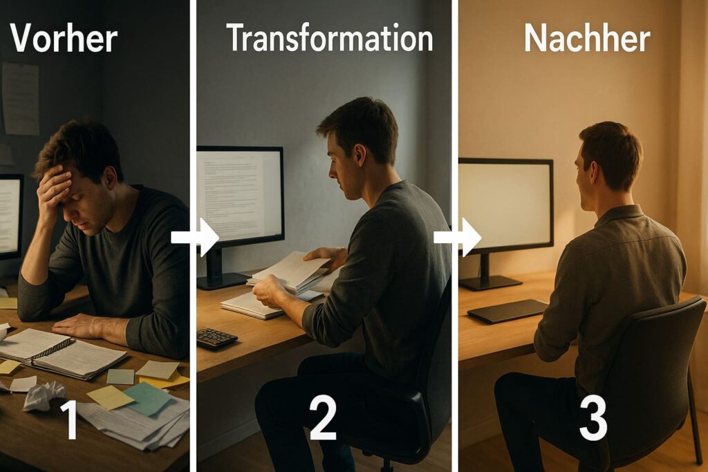 storytelling-3-akt-struktur-chatgpt-bilder-transformation Drei ChatGPT Bilder zeigen Story-Sequenz von chaotischem Arbeitsplatz über Aufräumen bis zu organisiertem Schreibtisch für visuelles Storytelling