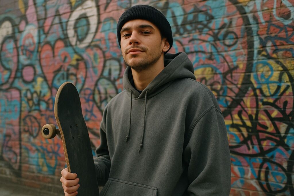 urban-street-portrait-skateboarder-graffiti-dokumentarisch-ki-fotografie Authentisches Urban Street KI-Portrait eines Skateboarders vor Graffiti-Wand, dokumentarischer Fotografie-Stil fotorealistisch generiert