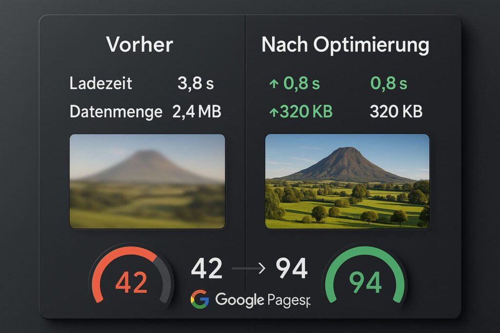 wordpress-bildoptimierung-performance-vergleich-vorher-nachher-ladezeit Performance-Diagramm vergleicht WordPress-Bildladezeiten vor (3.8s) und nach Optimierung (0.8s) mit PageSpeed-Scores