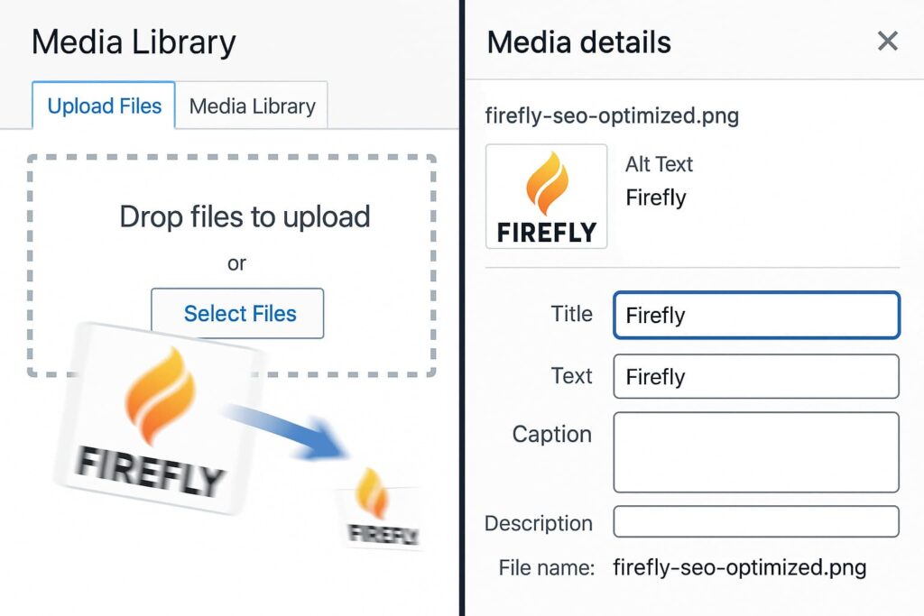 wordpress-mediathek-upload-firefly-bild-seo-metadaten-eingabe WordPress Mediathek Split-Screen zeigt Drag-Drop-Upload von Firefly-Bild und SEO-Metadaten-Formular mit Beispielwerten